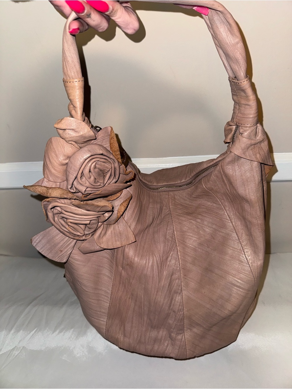 Soft Rose Detail Leather Hobo Bag - Blush